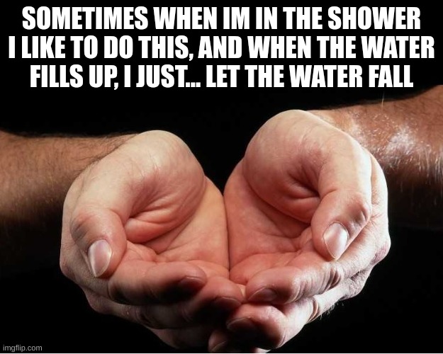 i realized yesterday that im not the only who does this so yeah thats cool | SOMETIMES WHEN IM IN THE SHOWER I LIKE TO DO THIS, AND WHEN THE WATER FILLS UP, I JUST... LET THE WATER FALL | image tagged in cupped hands | made w/ Imgflip meme maker