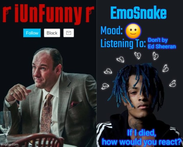 iUnFunny and EmoSnake template | 🙂; Don't by Ed Sheeran; If I died, how would you react? | image tagged in iunfunny and emosnake template | made w/ Imgflip meme maker
