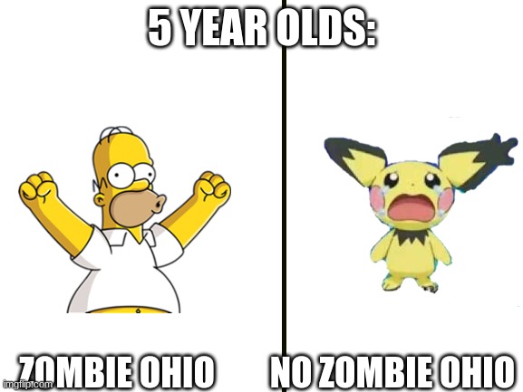 5 YEAR OLDS: ZOMBIE OHIO        NO ZOMBIE OHIO | image tagged in blank white template | made w/ Imgflip meme maker