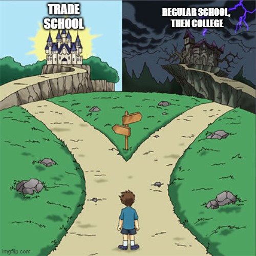 Go for a trade, pays better and is more rewarding | TRADE
SCHOOL; REGULAR SCHOOL, 
THEN COLLEGE | image tagged in which way,trade,vocational | made w/ Imgflip meme maker