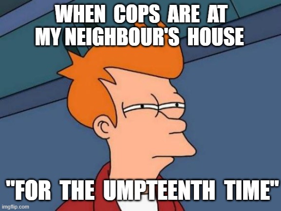 Futurama Fry Meme | WHEN  COPS  ARE  AT  MY NEIGHBOUR'S  HOUSE; "FOR  THE  UMPTEENTH  TIME" | image tagged in memes,futurama fry | made w/ Imgflip meme maker