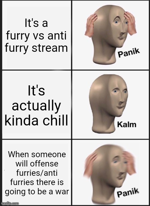 Just joined, and I think I shouldn't. | It's a furry vs anti furry stream; It's actually kinda chill; When someone will offense furries/anti furries there is going to be a war | image tagged in memes,panik kalm panik | made w/ Imgflip meme maker