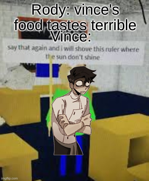 studio investagrave stream | Rody: vince's food tastes terrible; Vince: | image tagged in say that again baldi,memes,funny,dead plate,vince's cooking | made w/ Imgflip meme maker