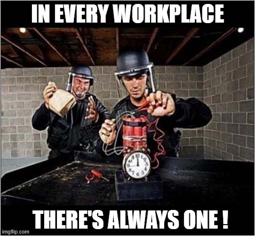 KABOOM ! | IN EVERY WORKPLACE; THERE'S ALWAYS ONE ! | image tagged in bomb disposal,paper bag,bang,dark humour | made w/ Imgflip meme maker