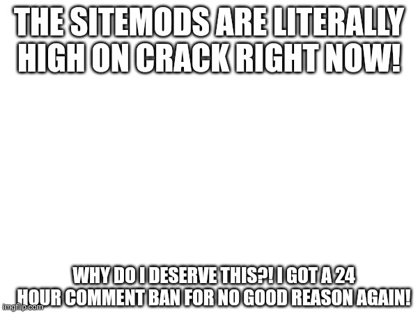 I SWEAR TO GOD, EVERY TIME! | THE SITEMODS ARE LITERALLY HIGH ON CRACK RIGHT NOW! WHY DO I DESERVE THIS?! I GOT A 24 HOUR COMMENT BAN FOR NO GOOD REASON AGAIN! | image tagged in rant | made w/ Imgflip meme maker