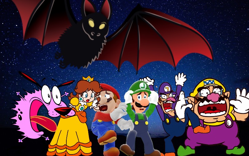 Wario and Friends dies by a Giant demon bat while camping at night | image tagged in wario dies,super mario,courage the cowardly dog,crossover,wario,waluigi | made w/ Imgflip meme maker