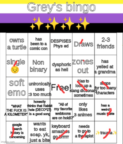Nah man i got some weirdass character likings | image tagged in greys bingo | made w/ Imgflip meme maker