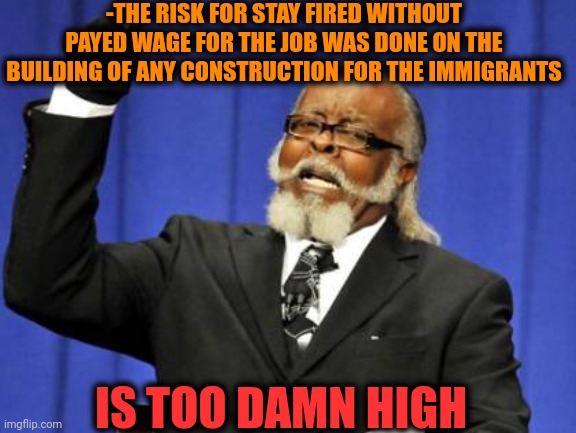 -Work half of a year for the nothing. | -THE RISK FOR STAY FIRED WITHOUT PAYED WAGE FOR THE JOB WAS DONE ON THE BUILDING OF ANY CONSTRUCTION FOR THE IMMIGRANTS; IS TOO DAMN HIGH | image tagged in memes,too damn high,minimum wage,stay at home,illegal immigration,i too like to live dangerously | made w/ Imgflip meme maker