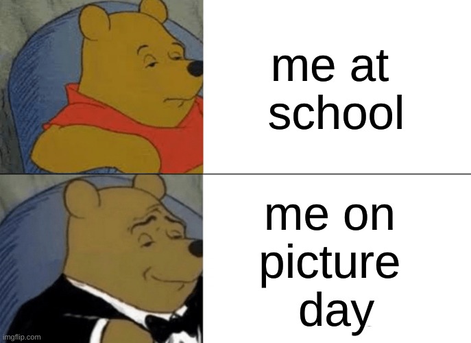 Tuxedo Winnie The Pooh | me at 
school; me on 
picture 
day | image tagged in memes,tuxedo winnie the pooh | made w/ Imgflip meme maker