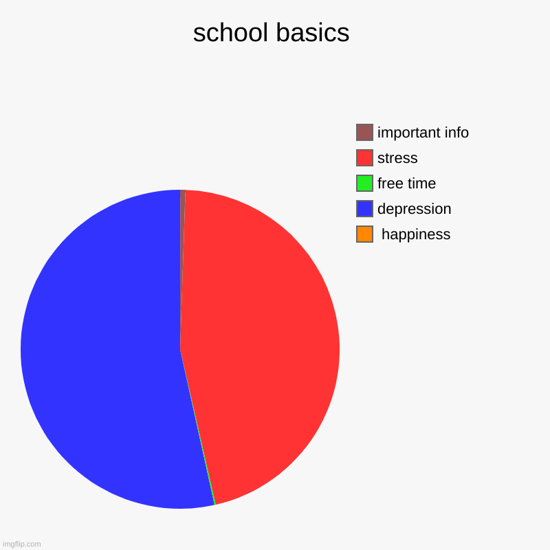 Real!! | school basics |  happiness, depression, free time, stress, important info | image tagged in charts,pie charts,school,memes,funny,school life | made w/ Imgflip chart maker