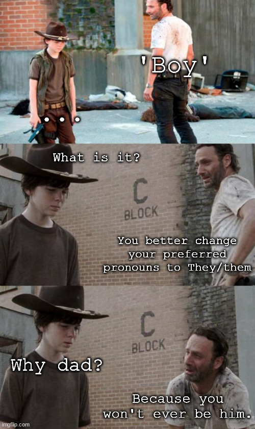 Rick and Carl 3 | 'Boy'; ... What is it? You better change your preferred pronouns to They/them; Why dad? Because you won't ever be him. | image tagged in memes,rick and carl 3 | made w/ Imgflip meme maker