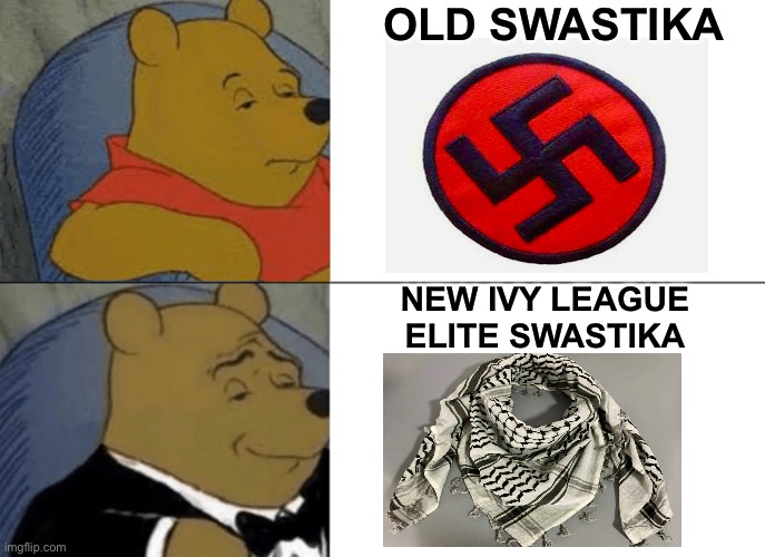 Tuxedo Winnie The Pooh | OLD SWASTIKA; NEW IVY LEAGUE ELITE SWASTIKA | image tagged in college liberal,palestine,nazis,genocide,terrorists,left wing | made w/ Imgflip meme maker