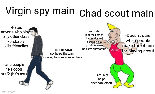 If you genuinely enjoy playing a class, don't let anyone tell you its bad | Virgin spy main; Chad scout main; -Hates anyone who plays any other class
-probably kills friendlies; -knows he isn't the best at tf2 but doesn't act like he is good because he plays only for fun; -Doesn't care when people make fun of him for playing scout; -Explains ways spy helps the team knowing he does none of them; -tells people he's good at tf2 (he's not); -Actually helps the team effort | image tagged in virgin vs chad,tf2 | made w/ Imgflip meme maker