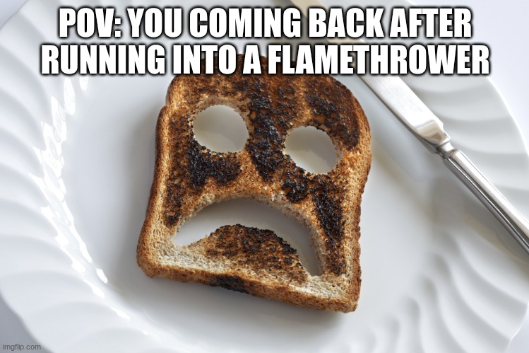 sad burnt toast | POV: YOU COMING BACK AFTER RUNNING INTO A FLAMETHROWER | image tagged in sad burnt toast | made w/ Imgflip meme maker