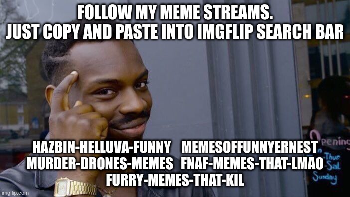 Roll Safe Think About It Meme | FOLLOW MY MEME STREAMS.
JUST COPY AND PASTE INTO IMGFLIP SEARCH BAR; HAZBIN-HELLUVA-FUNNY    MEMESOFFUNNYERNEST
MURDER-DRONES-MEMES   FNAF-MEMES-THAT-LMAO
FURRY-MEMES-THAT-KIL | image tagged in memes | made w/ Imgflip meme maker