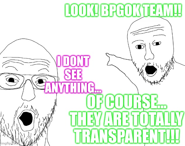 Baby Pengolincoin team is totally transparent | LOOK! BPGOK TEAM!! I DONT SEE ANYTHING... OF COURSE... THEY ARE TOTALLY TRANSPARENT!!! | image tagged in bpgok,baby pengolincoin,crypto,cryptocurrency,memecoin | made w/ Imgflip meme maker
