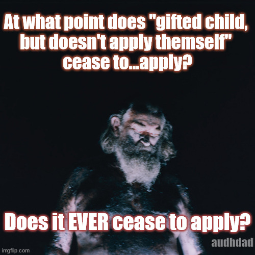 When do you stop being a gifted child that doesn't apply themself? | At what point does "gifted child, 
but doesn't apply themself" 
cease to...apply? Does it EVER cease to apply? audhdad | image tagged in adhd,audhd,gifted child,aging,life | made w/ Imgflip meme maker