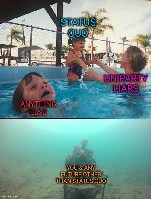 Status Quo | STATUS QUO; UNIPARTY LIARS; ANYTHING ELSE; YOU & ANY FUTURE OTHER THAN STATUS QUO | image tagged in mother ignoring kid drowning in a pool,political meme,politics,funny memes,funny | made w/ Imgflip meme maker