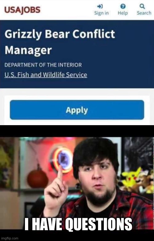 Grizzly Bear Conflict Manager | I HAVE QUESTIONS | image tagged in jontron i have several questions,bear,grizzly bear,conflict,manager,job | made w/ Imgflip meme maker