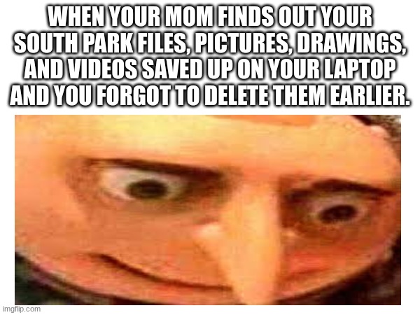 My Mom Found Out - Just Saying It Wasn't So Good | WHEN YOUR MOM FINDS OUT YOUR SOUTH PARK FILES, PICTURES, DRAWINGS, AND VIDEOS SAVED UP ON YOUR LAPTOP AND YOU FORGOT TO DELETE THEM EARLIER. | image tagged in gru,south park | made w/ Imgflip meme maker