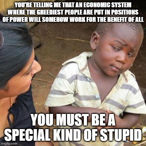 Third World Skeptical Kid Meme | YOU'RE TELLING ME THAT AN ECONOMIC SYSTEM WHERE THE GREEDIEST PEOPLE ARE PUT IN POSITIONS OF POWER WILL SOMEHOW WORK FOR THE BENEFIT OF ALL; YOU MUST BE A SPECIAL KIND OF STUPID | image tagged in memes,third world skeptical kid | made w/ Imgflip meme maker