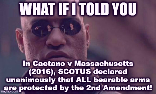ALL bearable arms are protected by the 2nd Amendment! | WHAT IF I TOLD YOU; In Caetano v Massachusetts (2016), SCOTUS declared unanimously that ALL bearable arms are protected by the 2nd Amendment! | image tagged in memes,matrix morpheus,guns,bill of rights,supreme court | made w/ Imgflip meme maker
