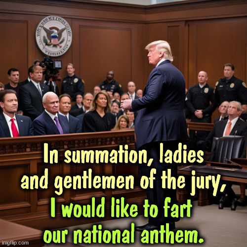 In summation, ladies and gentlemen of the jury, I would like to fart 
our national anthem. | image tagged in trump,courtroom,jury duty,national anthem | made w/ Imgflip meme maker