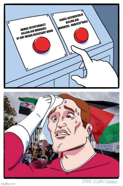 Palestinian TV News report says Hamas murdering aid workers, stealing food to create a food crisis | ISRAEL ACCIDENTALLY KILLING AID WORKERS:  UNACCEPTABLE; HAMAS INTENTIONALLY KILLING AID WORKERS: BY ANY MEANS NECESSARY BRUH | image tagged in israel,palestine,islam,antisemitism | made w/ Imgflip meme maker