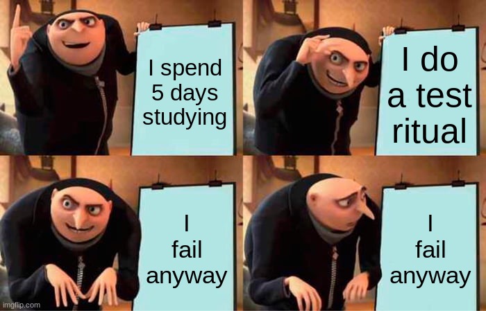 I had to do this without my "r" key because it broke. Goggle is the only way i'm using the letter now. | I spend 5 days studying; I do a test ritual; I fail anyway; I fail anyway | image tagged in memes,gru's plan | made w/ Imgflip meme maker