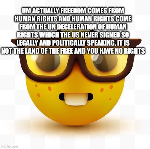 Nerd emoji | UM ACTUALLY FREEDOM COMES FROM HUMAN RIGHTS AND HUMAN RIGHTS COME FROM THE UN DECELERATION OF HUMAN RIGHTS WHICH THE US NEVER SIGNED SO LEGA | image tagged in nerd emoji | made w/ Imgflip meme maker