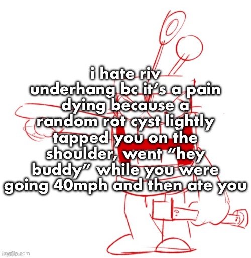RRRAGGGGHHHHH!!!!!!!!!!!!!!!!!!!!!!!!!!!!!!!!!!!!!!!!!!! | i hate riv underhang bc it’s a pain dying because a random rot cyst lightly tapped you on the shoulder, went “hey buddy” while you were going 40mph and then ate you | image tagged in rrragggghhhhh | made w/ Imgflip meme maker