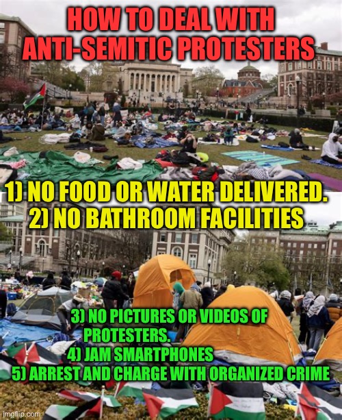 Organized Crime, track phones to find organizers | HOW TO DEAL WITH ANTI-SEMITIC PROTESTERS; 1) NO FOOD OR WATER DELIVERED.  2) NO BATHROOM FACILITIES; 3) NO PICTURES OR VIDEOS OF PROTESTERS.                             4) JAM SMARTPHONES                      5) ARREST AND CHARGE WITH ORGANIZED CRIME | image tagged in gifs,democrats,islamic terrorism,anti-semitism | made w/ Imgflip meme maker