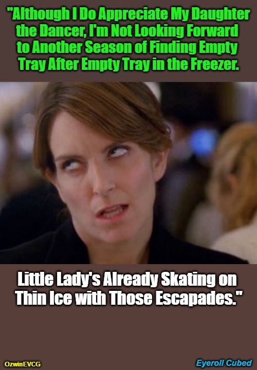 Eyeroll Cubed | "Although I Do Appreciate My Daughter

the Dancer, I'm Not Looking Forward 

to Another Season of Finding Empty 

Tray After Empty Tray in the Freezer. Little Lady's Already Skating on 

Thin Ice with Those Escapades."; Eyeroll Cubed; OzwinEVCG | image tagged in face you make,fathers,daughters,annoying tina,dancing,modern appliances | made w/ Imgflip meme maker