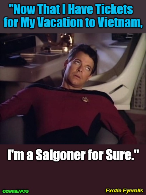 Exotic Eyerolls | "Now That I Have Tickets  

for My Vacation to Vietnam, I'm a Saigoner for Sure."; Exotic Eyerolls; OzwinEVCG | image tagged in annoying riker,meanwhile in southeast asia,tickets,face you make,traveling,sharing is | made w/ Imgflip meme maker
