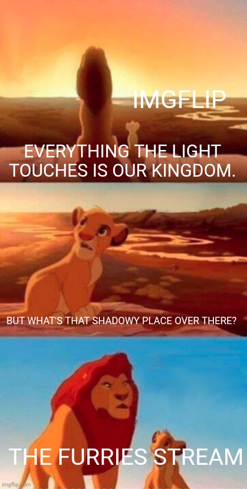 Lion King | IMGFLIP; EVERYTHING THE LIGHT TOUCHES IS OUR KINGDOM. BUT WHAT'S THAT SHADOWY PLACE OVER THERE? THE FURRIES STREAM | image tagged in lion king | made w/ Imgflip meme maker