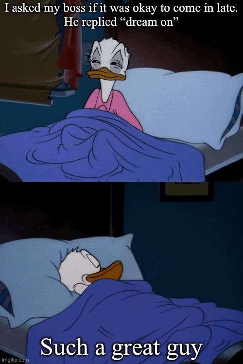 Great boss | I asked my boss if it was okay to come in late.
He replied “dream on”; Such a great guy | image tagged in sleeping donald duck,late,good guy boss | made w/ Imgflip meme maker