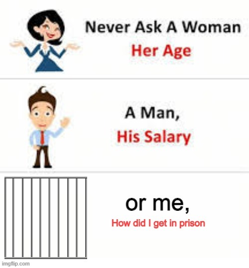 Never ask me how I got to prison | image tagged in never ask a woman her age | made w/ Imgflip meme maker