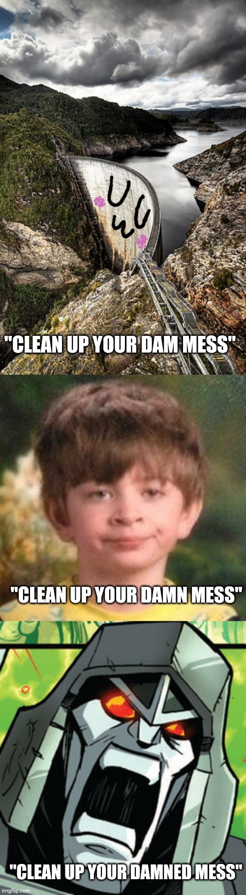 The more correct it is, the angrier it sounds | "CLEAN UP YOUR DAM MESS"; "CLEAN UP YOUR DAMN MESS"; "CLEAN UP YOUR DAMNED MESS" | image tagged in annoyed face,megatron rage,bad grammar and spelling memes,misspelled,uwu,damn | made w/ Imgflip meme maker
