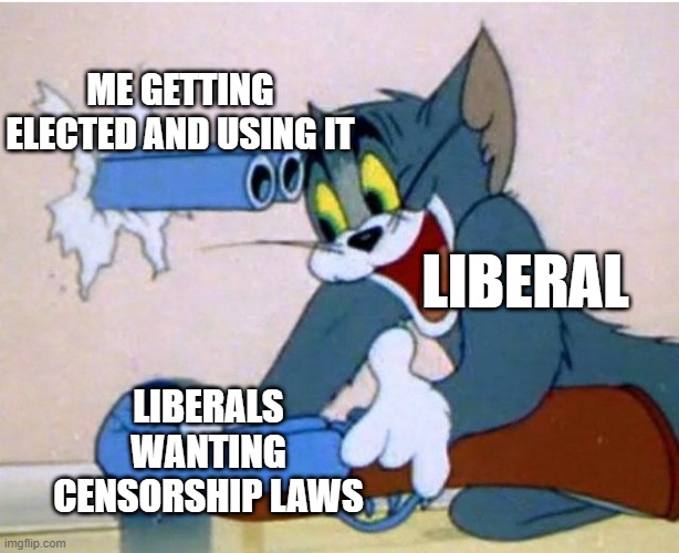 Liberalism is bigotry, progressivism is hate speech...? | ME GETTING ELECTED AND USING IT; LIBERAL; LIBERALS WANTING CENSORSHIP LAWS | image tagged in tom and jerry | made w/ Imgflip meme maker