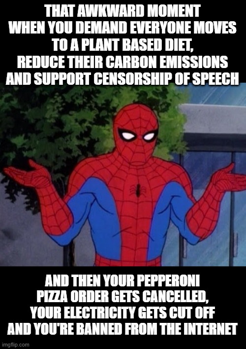 If only the demands were taken seriously and swiftly... | THAT AWKWARD MOMENT WHEN YOU DEMAND EVERYONE MOVES TO A PLANT BASED DIET, REDUCE THEIR CARBON EMISSIONS AND SUPPORT CENSORSHIP OF SPEECH; AND THEN YOUR PEPPERONI PIZZA ORDER GETS CANCELLED, YOUR ELECTRICITY GETS CUT OFF AND YOU'RE BANNED FROM THE INTERNET | image tagged in spiderman shrug | made w/ Imgflip meme maker