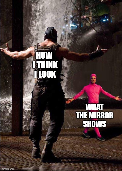 vanity lol | HOW 
I THINK
I LOOK; WHAT
THE MIRROR
SHOWS | image tagged in pink guy vs bane,appearances | made w/ Imgflip meme maker
