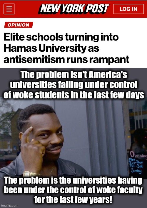 Students doing what they were taught to do | The problem isn't America's universities falling under control of woke students in the last few days; The problem is the universities having
been under the control of woke faculty
for the last few years! | image tagged in memes,roll safe think about it,hamas,universities,democrats,woke | made w/ Imgflip meme maker