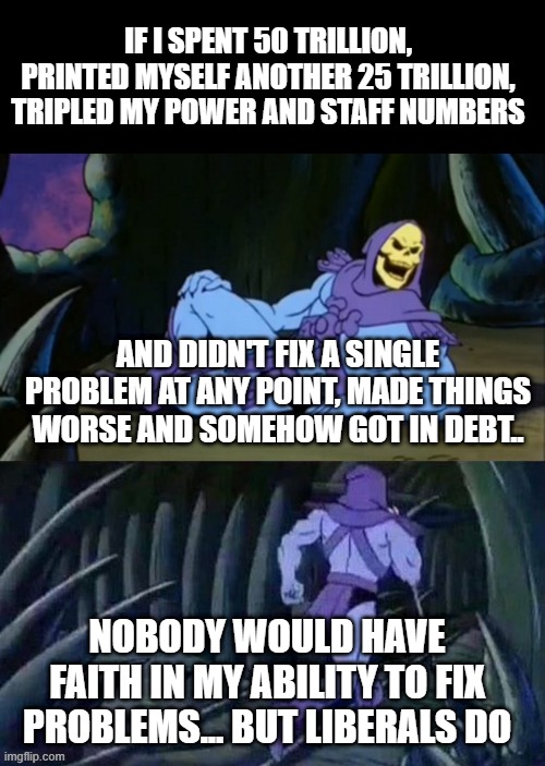 Skeletor disturbing facts | IF I SPENT 50 TRILLION, PRINTED MYSELF ANOTHER 25 TRILLION, TRIPLED MY POWER AND STAFF NUMBERS; AND DIDN'T FIX A SINGLE PROBLEM AT ANY POINT, MADE THINGS WORSE AND SOMEHOW GOT IN DEBT.. NOBODY WOULD HAVE FAITH IN MY ABILITY TO FIX PROBLEMS... BUT LIBERALS DO | image tagged in skeletor disturbing facts | made w/ Imgflip meme maker