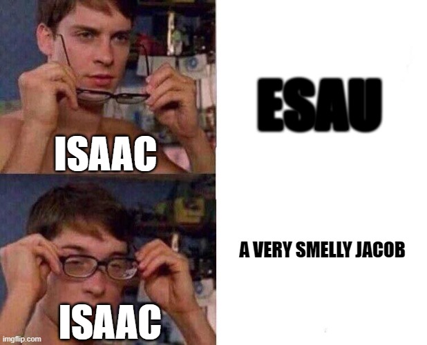 Spiderman Glasses | ESAU; ISAAC; A VERY SMELLY JACOB; ISAAC | image tagged in spiderman glasses | made w/ Imgflip meme maker
