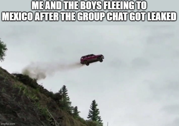 Car Driving Off Cliff | ME AND THE BOYS FLEEING TO MEXICO AFTER THE GROUP CHAT GOT LEAKED | image tagged in car driving off cliff | made w/ Imgflip meme maker