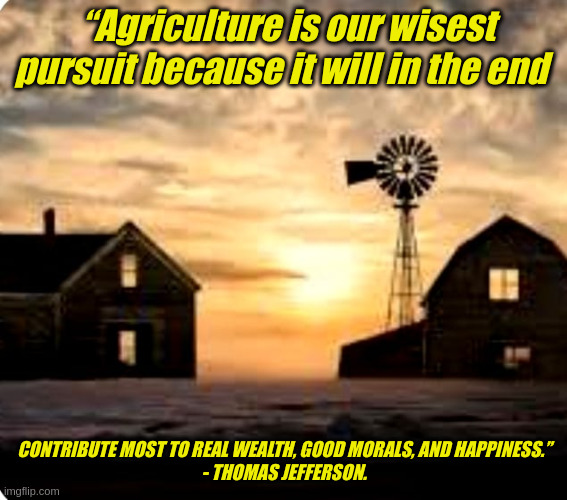 Farm | “Agriculture is our wisest pursuit because it will in the end; CONTRIBUTE MOST TO REAL WEALTH, GOOD MORALS, AND HAPPINESS.”
- THOMAS JEFFERSON. | image tagged in farm,thomas jefferson | made w/ Imgflip meme maker
