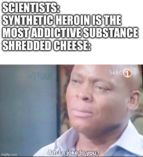 am I a joke to you | SCIENTISTS: SYNTHETIC HEROIN IS THE MOST ADDICTIVE SUBSTANCE 
SHREDDED CHEESE: | image tagged in am i a joke to you | made w/ Imgflip meme maker