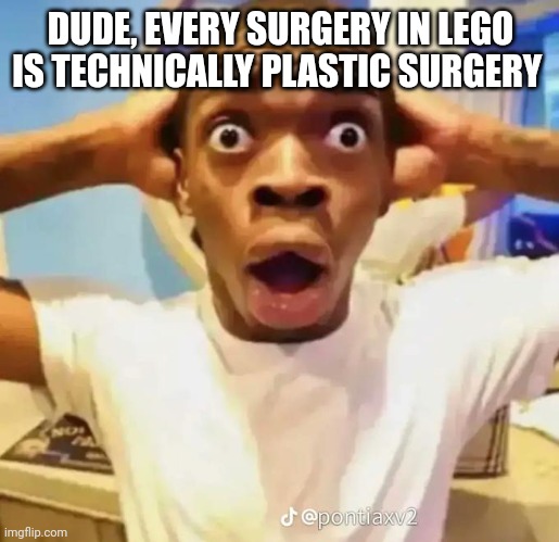 Bruh | DUDE, EVERY SURGERY IN LEGO IS TECHNICALLY PLASTIC SURGERY | image tagged in shocked black guy | made w/ Imgflip meme maker