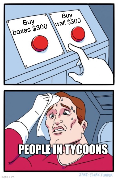 Two Buttons | Buy wall $300; Buy boxes $300; PEOPLE IN TYCOONS | image tagged in memes,two buttons | made w/ Imgflip meme maker