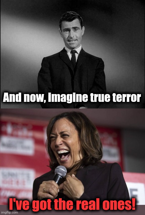I've got the real ones! And now, imagine true terror | image tagged in rod serling twilight zone,kamala laughing | made w/ Imgflip meme maker